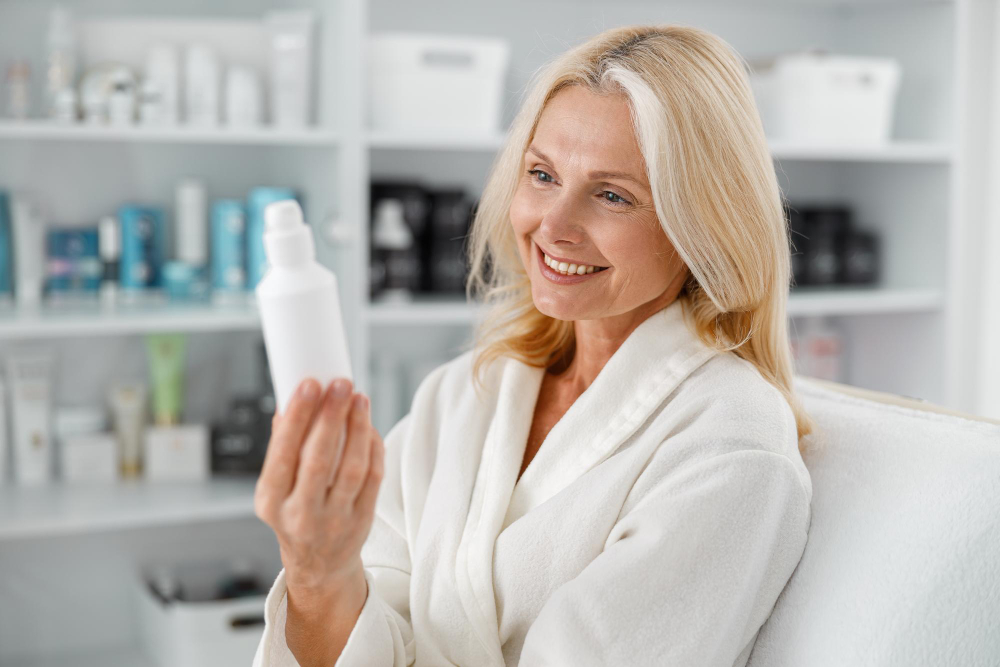 mujer de mediana edad disfrutando un producto de cosmética